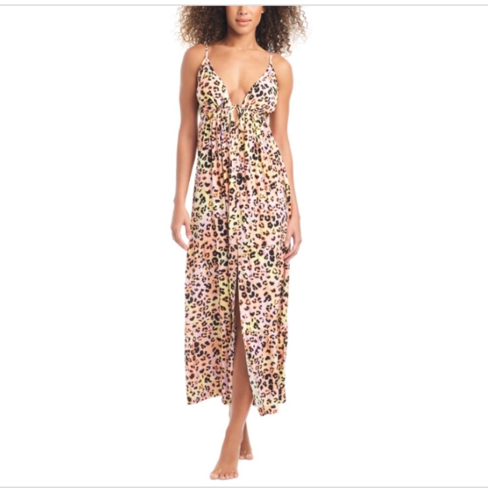 Bar III Pink Leopard-Print Maxi Swim Cover-Up